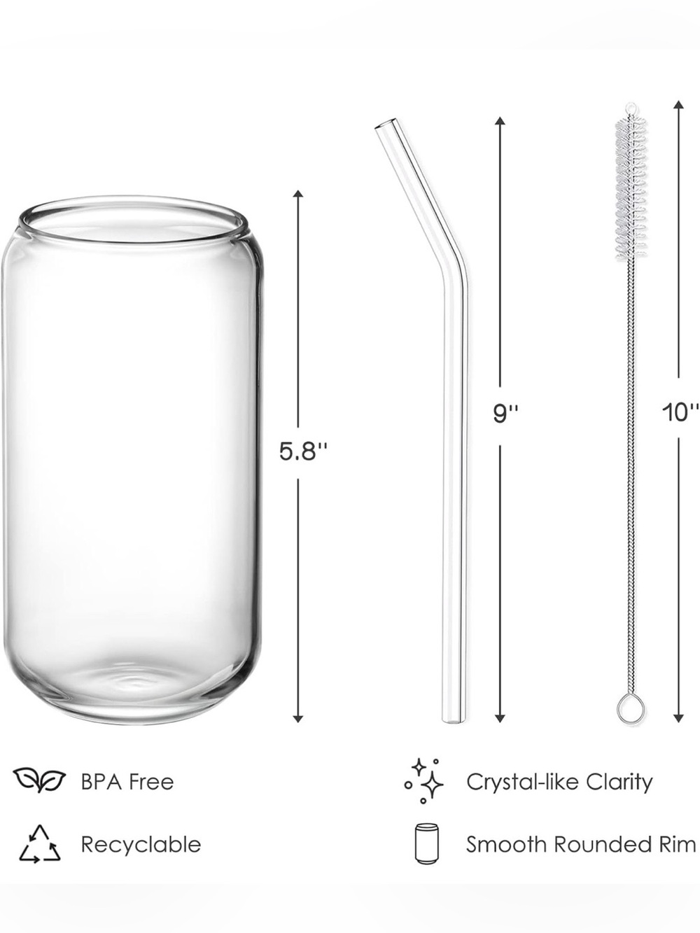 Clear Glass Tumbler with Bent Glass Straw and Cleaner - Clear